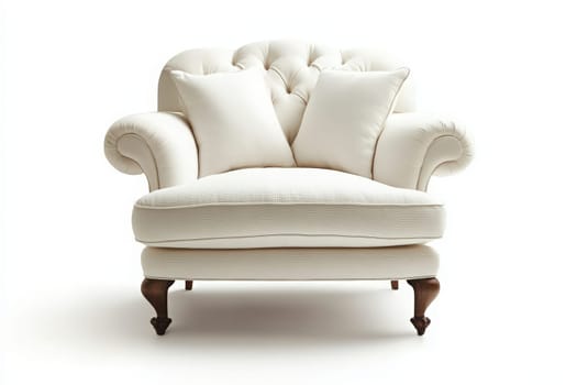 A modern armchair with a soft fabric finish and plush cushions sits alone in a minimalist environment, showcasing its elegant design. The chairs classic shape merges comfort with style.