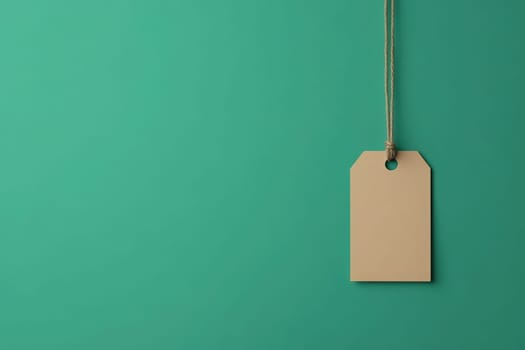 A clean minimalist price tag is suspended by a twine thread against a vibrant green background, showcasing a simple yet effective design for labeling products or items.