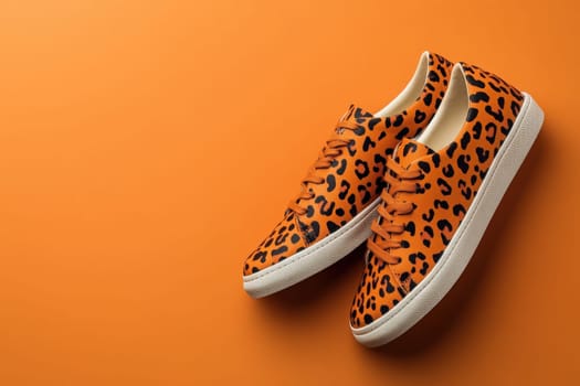 A pair of modern leopard print shoes rests on a vibrant orange surface, showcasing their stylish design and unique patterns. The shoes have a casual, contemporary look that stands out.