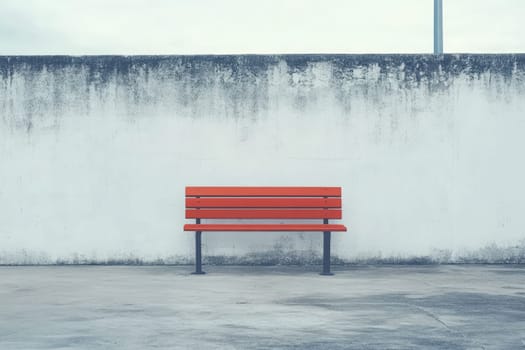 A vibrant red bench sits alone in an open space, contrasting against a faded white wall. The area appears tranquil, illuminated by natural daylight, creating a peaceful atmosphere.