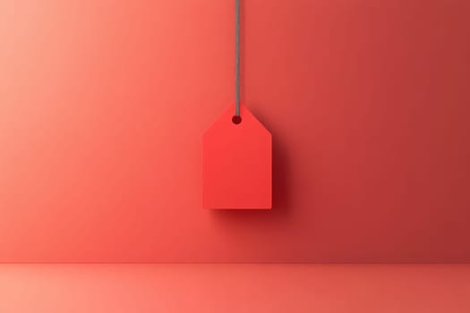 A simple red price tag is suspended from a string on a matching red surface, creating a cohesive and minimalist aesthetic. The design emphasizes clean lines and vibrant color.