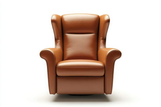 A stylish modern armchair in warm brown leather stands alone in the center of a minimalist studio space, showcasing its elegant design and comfort in a contemporary setting.