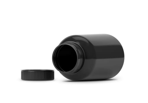 Black supplement bottle. Medicine pill container, plastic jar blank mockup. Vitamine drug capsule bottle, pharmaceutical product package