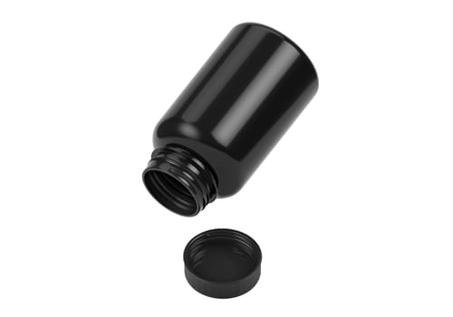 Black supplement bottle. Medicine pill container, plastic jar blank mockup. Vitamine drug capsule bottle, pharmaceutical product package