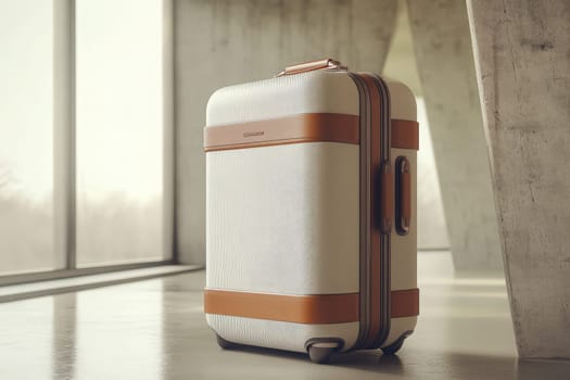 A modern suitcase featuring a minimalist design stands on a polished floor in a contemporary space.