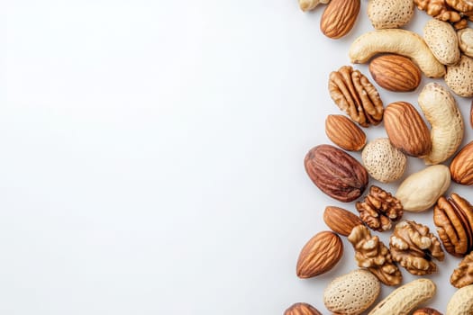 A collection of mixed nuts, including almonds, walnuts, pecans, and peanuts, is artistically placed in the center of a clean, white background, showcasing their textures and colors.