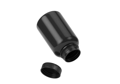 Black supplement bottle. Medicine pill container, plastic jar blank mockup. Vitamine drug capsule bottle, pharmaceutical product package
