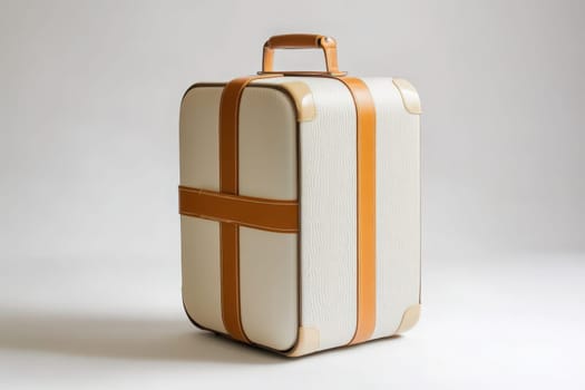 A sleek minimalist suitcase stands upright, showcasing its unique design with clean lines and a blend of colors. The sturdy handle adds practicality while maintaining an aesthetic appeal.
