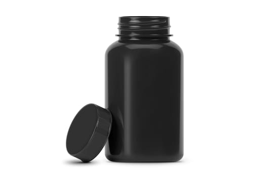 Black supplement bottle. Medicine pill container, plastic jar blank mockup. Vitamine drug capsule bottle, pharmaceutical product package