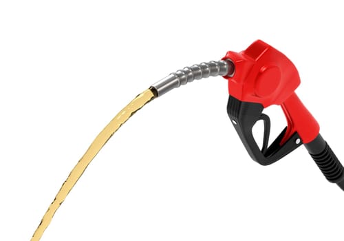 Petrol splashing out of pistol, isolated on white background