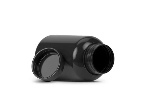 Black supplement bottle. Medicine pill container, plastic jar blank mockup. Vitamine drug capsule bottle, pharmaceutical product package