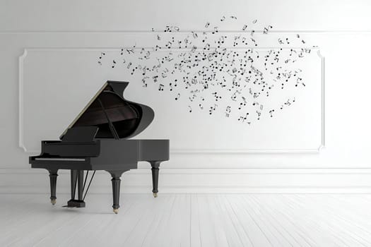 A grand piano sits elegantly in a bright, minimalistic room. Musical notes appear to float above it, creating an artistic atmosphere filled with creativity and inspiration.
