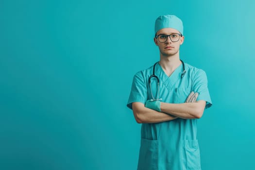 A male nurse wearing scrubs and glasses stands with crossed arms, exuding confidence in a clean, minimalist environment. The solid turquoise background enhances his professional demeanor.