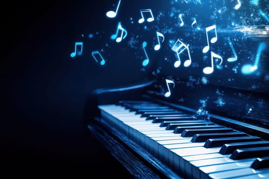 Above a pristine piano in a softly lit environment, bright musical notes float elegantly, enhancing the atmosphere with a sense of creativity and inspiration, inviting musicians to play.