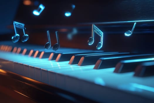 Floating musical notes hover beautifully above the keys of a clean piano, creating a serene atmosphere filled with harmony. The soft light enhances the tranquil setting.