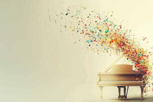 A grand piano sits elegantly as vibrant musical notes rise and swirl into the air, creating an artistic display. The clean backdrop enhances the enchanting scene of creativity and music.