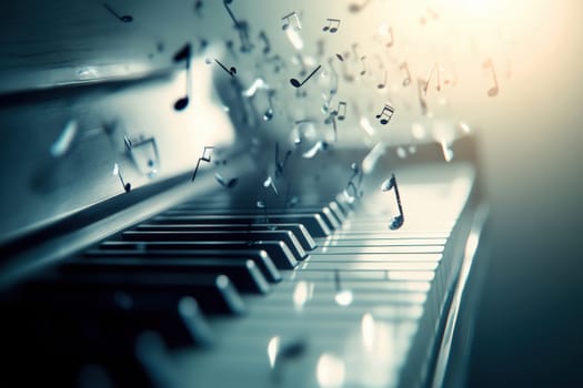 A grand piano stands immaculate, with musical notes elegantly floating above its keys. The soft light highlights the beauty of the instrument, creating a tranquil atmosphere.