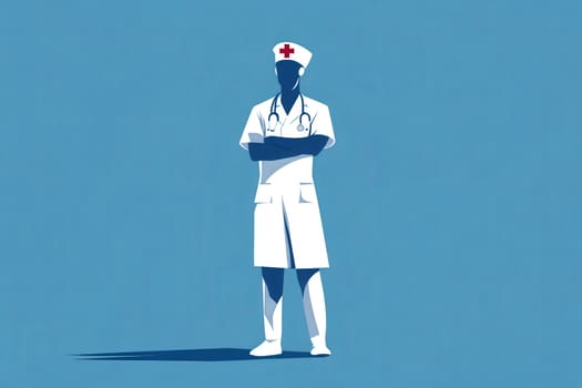A nurse is depicted in a minimalist style, dressed in a white uniform with a stethoscope around his neck. The solid background enhances the focus on his role in providing healthcare.