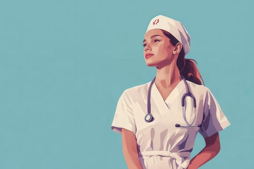 A nurse stands poised, wearing a white uniform and a cap, with a stethoscope around her neck. The minimalist design emphasizes her readiness to provide care and support in the healthcare field.