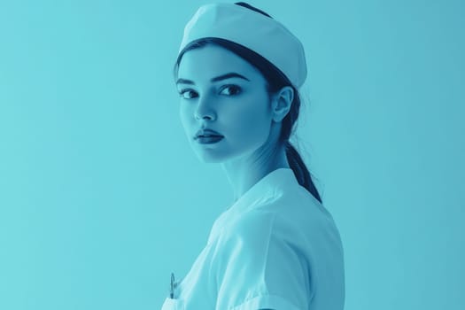 The nurse stands confidently, showcasing her clean uniform and hat against a calming blue backdrop. Her focused expression reflects dedication and professionalism in the healthcare field.