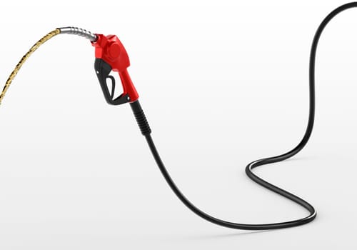 Petrol splashing out of pistol, isolated on white background