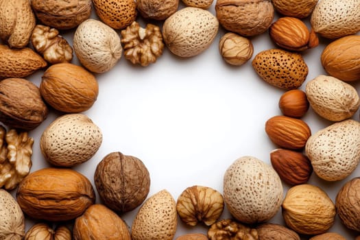 An assortment of various nuts is displayed in a circular arrangement on a neutral background. The nuts include almonds, walnuts, and hazelnuts, showcasing their natural textures and colors.