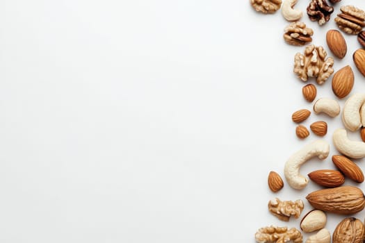 An assortment of various nuts including almonds, walnuts, and cashews is artfully displayed on a white background, showcasing their textures and colors in a visually appealing way.