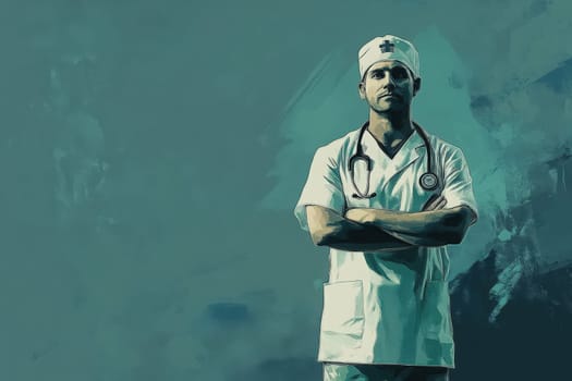 A confident male nurse stands with his arms crossed, wearing scrubs and a stethoscope, against a solid, minimalist backdrop.