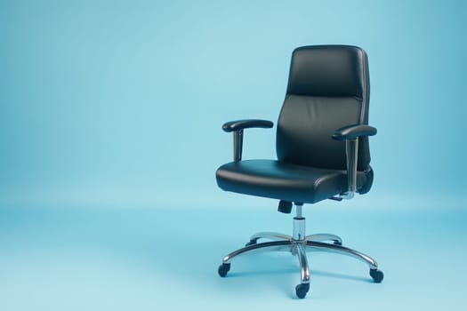 An office chair is pulled out to the side on a solid, clean surface, set against a calming light blue backdrop, creating an inviting workspace environment for productivity.