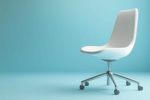 A stylish office chair is pulled away from a desk against a solid blue background, creating a bright and open workspace. The clean lines of the chair contribute to a modern aesthetic.