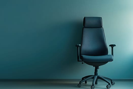 The office chair is positioned away from the desk, showcasing a clean, uncluttered work environment with a solid floor and a calm ambiance, ideal for productivity and focus.