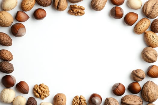 A variety of nuts are artfully arranged in a circular formation against a clean white background, showcasing different textures and colors ideal for celebrations or healthy snacking.