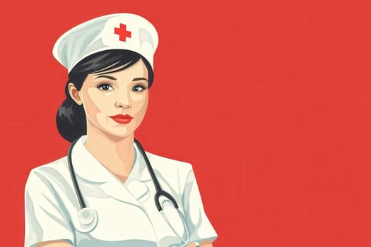 A nurse stands confidently in a minimalist setting, wearing a crisp uniform and stethoscope. The bold red background highlights her commitment to healthcare and professionalism.