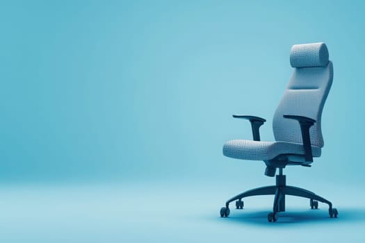 An office chair is pulled out and positioned to the side against a solid blue background, showcasing a tidy workspace. The design emphasizes simplicity and functionality in office furniture.