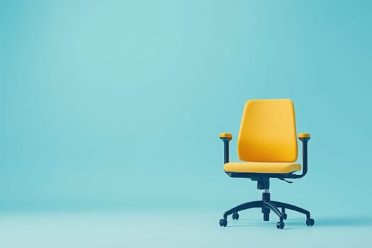 A vibrant yellow office chair is pulled out from a desk, occupying a spotless space. The cool blue background enhances the chairs bright color, creating a striking contrast in this modern setting.