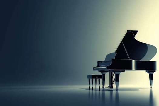 The grand piano stands prominently with its lid raised, showcasing polished keys. Surrounding light enhances its sleek design against the clean, simple backdrop.