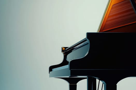 A grand piano features its lid propped open, revealing pristine keys ready for performance. The sleek design stands out against a simple backdrop.