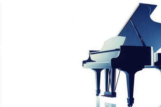 A grand piano with its lid open sits on a clean, solid surface, highlighting the intricate details of its design. The polished finish reflects a sense of elegance and musical potential.