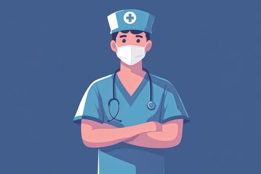 A male nurse dressed in blue scrubs and wearing a face mask stands confidently with his arms crossed. The background features a clean, minimalist design that emphasizes his professional demeanor.