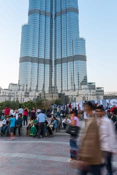 DUBAI, UAE - JANUARY 01: People crowd in front of Burj al Khalifa on January 01, 2015 in Dubai, United Arab Emirates