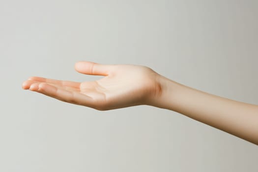 A single open palm is extended outward against a solid white backdrop, symbolizing invitation and openness. The simplicity emphasizes gestures and human connection.