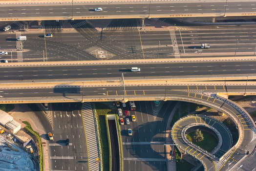 Top view of highway interchange in Dubai, UAE. Morning shot