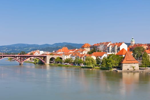 Skyline of Maribor city embankment in the sunny day, Slovenia