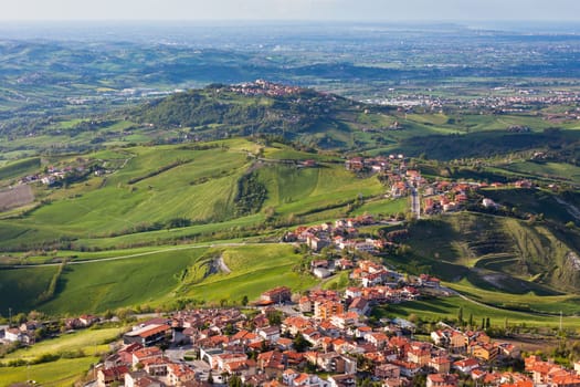 Modern San Marino Suburban districts and Italian hills view from above. Horizontal shot