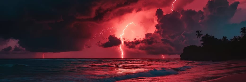 Powerful lightning strike in the scary red sky with dark storm clouds above the sea with big waves at night.