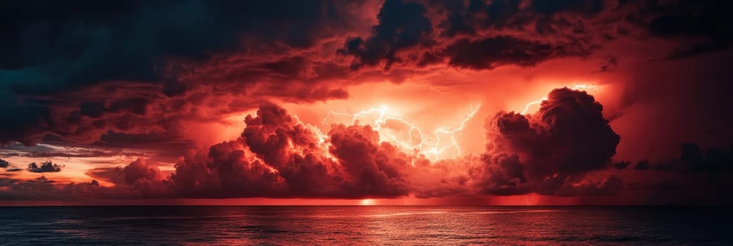 Powerful lightning strike in the sky with dark red storm clouds above the sea at night.