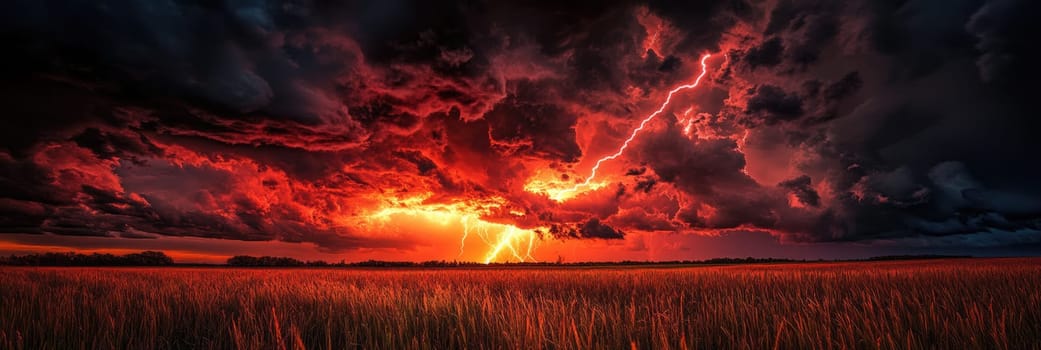 Powerful lightning strikes with dark grey and red storm clouds above field. Scary lightning bolt in night sky.