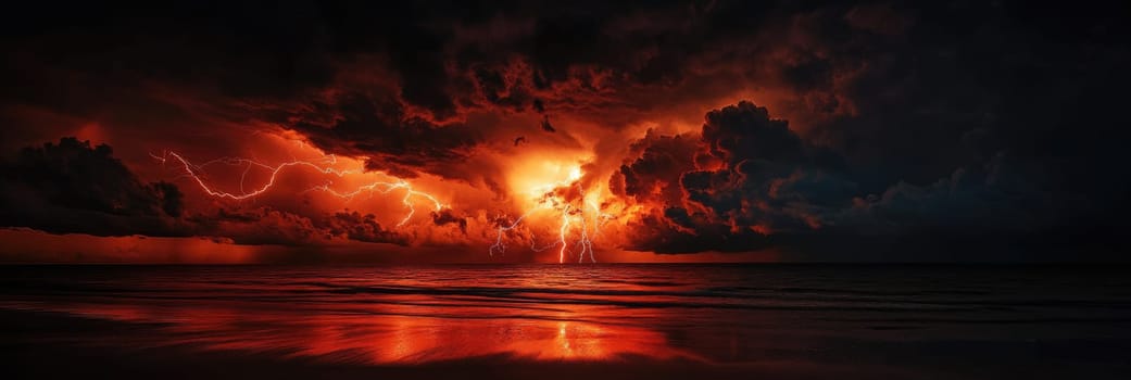 Powerful lightning strike in the sky with dark red storm clouds above the sea at night.