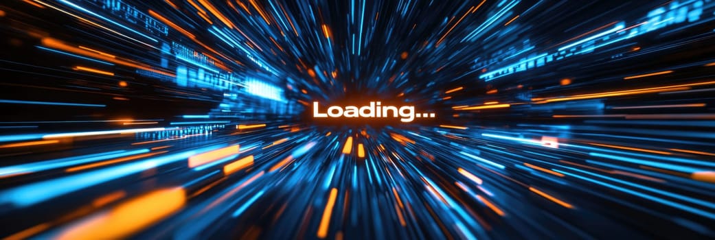Loading word on black digital tech background. Blue and gold lines on monitor screen. Data load concept, graphic design.