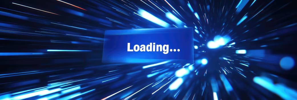 Loading word on black digital tech background. Blue lines on monitor screen. Data load concept, graphic design.